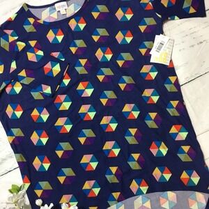 LuLaRoe Irma Tunic Top Blue Geometric Print Dolman Sleeve NWT XXS Legging Fabric